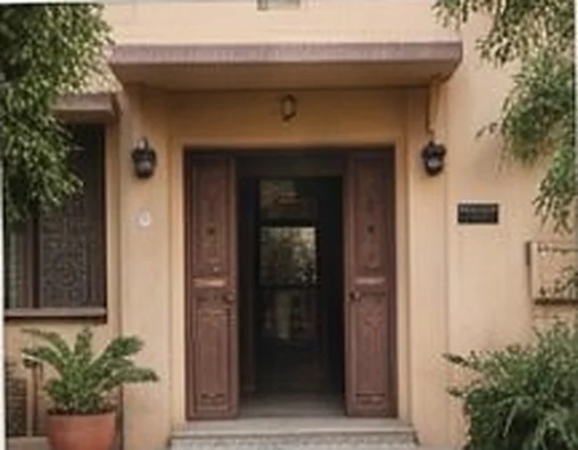 Entrance of a residential building with a wooden door and potted plants