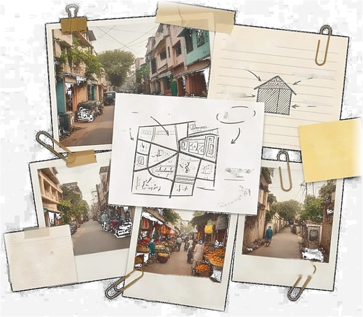 Collage of street photos, a hand-drawn neighbourhood map and field notes pinned with paper clips