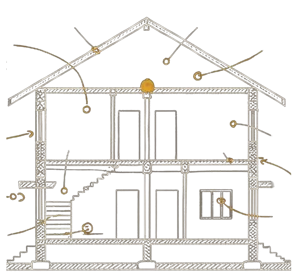 Chalk-style cross-section of a two-storey house with marked inspection points