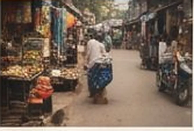 Vegetable stalls and shoppers in a narrow market lane